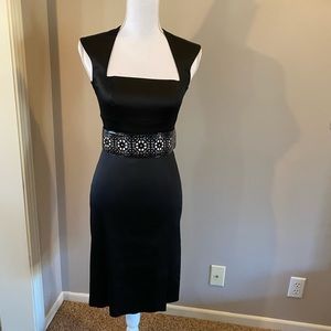 Sexy Black Satin Sheen Cocktail Dress with Belt.